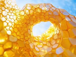 Geometric honeycomb structure with a circular central opening, composed of translucent, hexagonal shapes in warm amber hues, creating a glowing effect against a bright, clear sky backdrop photo