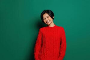 Smiling person with short black hair wearing a textured red sweater, stands posed against a solid color background with a cheerful and confident expression photo