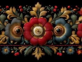Ornate floral design with large central red bloom, flanked by two dark teal flowers. Intricate gold and green foliage, with red berries embellishing the composition photo