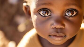 Young child with large, expressive eyes gazes into the camera, reflecting the surroundings. Soft, natural lighting highlights their gentle features, creating a warm, empathetic atmosphere photo