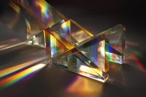 Colorful light refracts through clear glass prisms, creating a vivid spectrum of rainbow hues on a flat surface. The geometric shapes intersect, capturing and dispersing light beautifully photo