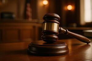 Judge Gavel in Courtroom Setting Symbolizing Justice and Authority with Warm Light Background and Focus on Legal Concepts photo
