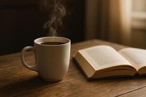 Steaming Cup of Coffee on Wooden Table with Open Book Capturing Warm Cozy Atmosphere of Relaxation and Quiet Reading photo