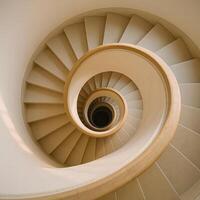 Dizzying Spiral Staircase With Soft Natural Light from Top View Showcasing Elegant Architecture and Intricate Pattern photo