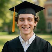 Smiling Young Male Graduate in Cap and Gown Celebrating Achievement in Outdoor Setting photo