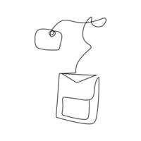 One continuous line drawing of paper tea bag. Hot herbal drink for morning routine and breakfast in simple linear style. vector