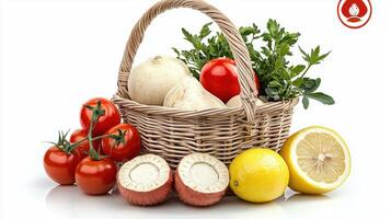 A basket with vegetables and a lemon photo