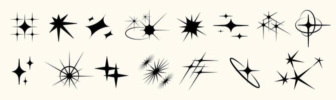 Y2K star icon collection with glitter, sparkle, twinkle, and glow. Includes flat symbols, vintage bursts, shiny pictograms, constellation elements, and festive outlines for UI or graphic design. vector