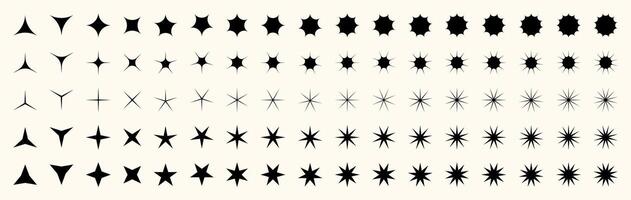 Bright star pictograms with magic burst, shine, and abstract twinkle shapes. Includes lineart, silhouettes, and cartoon elements for stickers, logos, or backgrounds. vector