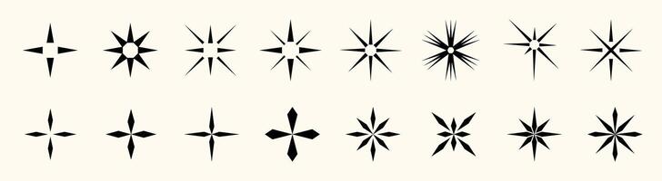 Modern star elements with flare, glare, and sparkle. Includes retro, handdrawn, and geometric forms. Ideal for party, holiday, or space themed illustrations. vector