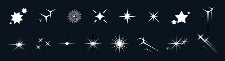 Y2K star icon collection. Includes sparkling shapes, glitter bursts, glowing flares, and magical pictograms. Retro silhouettes, abstract doodles, and modern elements perfect for festive design themes. vector