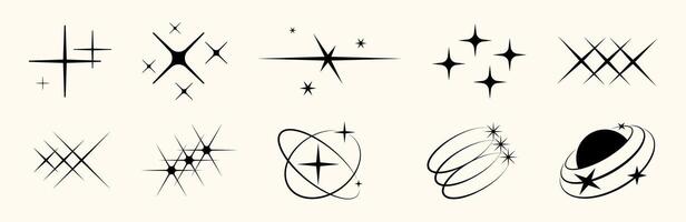 Retro Y2K star icon set with glitter, glow, sparkle, and flash effects. Flat and outlined symbols. Perfect for festive, cosmic, or vintage inspired graphic design. vector