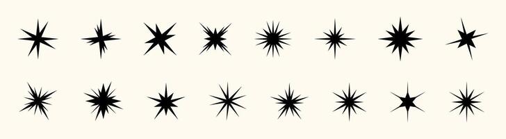 Y2K star icon set with retro spark, twinkle, and glitter effects. Shiny shapes in flat and geometric styles. Includes glow, flare, and festive elements for modern or vintage designs. vector