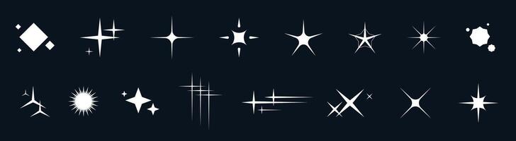 Y2K star icon set with glitter, sparkle, and glow. Features retro shapes, twinkle bursts, shiny pictograms, constellation elements, and geometric doodles. Perfect for modern or vintage designs. vector