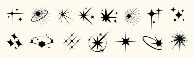 Y2K star icon set with sparkle, glitter, and twinkle effects. Includes abstract bursts, shiny symbols, luxury glint, and minimal silhouettes. Perfect for retro graphic designs. vector