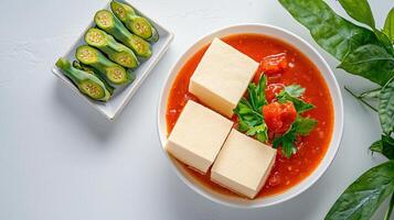 A bowl of tofu with sauce and green vegetables photo
