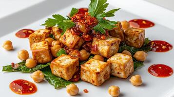 A plate of food with tofu and sauce photo