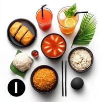 A variety of food items arranged in bowls and on a white surface photo