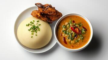 A bowl of soup and a plate of chicken photo