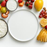 A white plate surrounded by fruit and vegetables photo