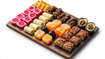 A wooden tray with assorted fruit and nuts photo