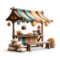 An outdoor market with a wooden stand and a table photo