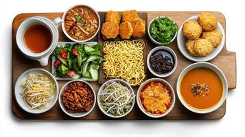A wooden tray with bowls of food on it photo