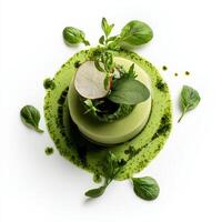 A green dessert with a white background photo
