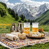 A table with a basket of eggs and a glass of beer photo