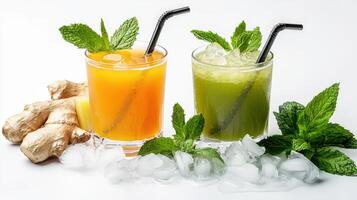 Two glasses of juice with ice and mint leaves photo