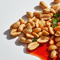 Peanuts and peanut sauce on a white surface photo