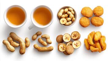Various types of nuts and tea in bowls photo