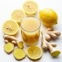 A glass of juice and a lemon photo