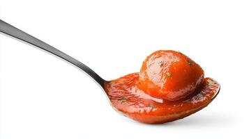 A spoon with a tomato sauce on it photo