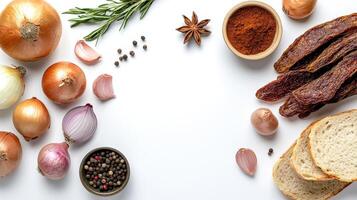 An assortment of ingredients including bread, onions, and spices photo