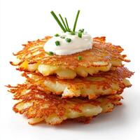 A stack of potato pancakes with sour cream photo