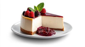 A piece of cheesecake with berries and mint photo