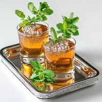 Two glasses of tea with mint leaves on a silver tray photo