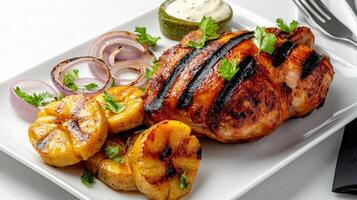 Grilled chicken with potatoes and onions on a white plate photo
