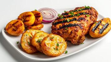 Grilled chicken and potatoes on a white plate photo
