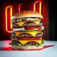 A large hamburger with cheese and onions photo