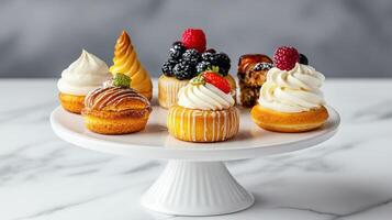 A white cake stand with several different types of pastries photo
