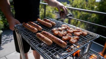 A man is cooking hot dogs on a grill photo