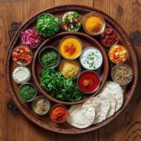 A wooden tray with many different types of food photo