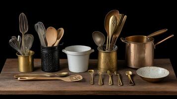 A wooden tray with various utensils and cups photo