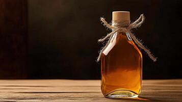 A bottle of maple syrup on a wooden table photo