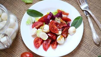 Salad with mozzarella and tomatoes on a wooden table video