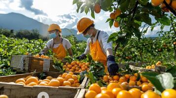 Two people in orange vests picking oranges in a field photo