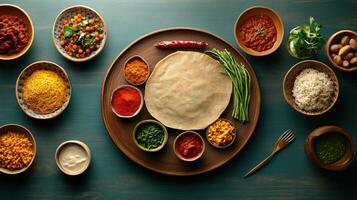 Indian food on a wooden table with bowls of different spices photo