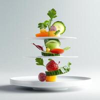 Three layered plates with different types of food photo